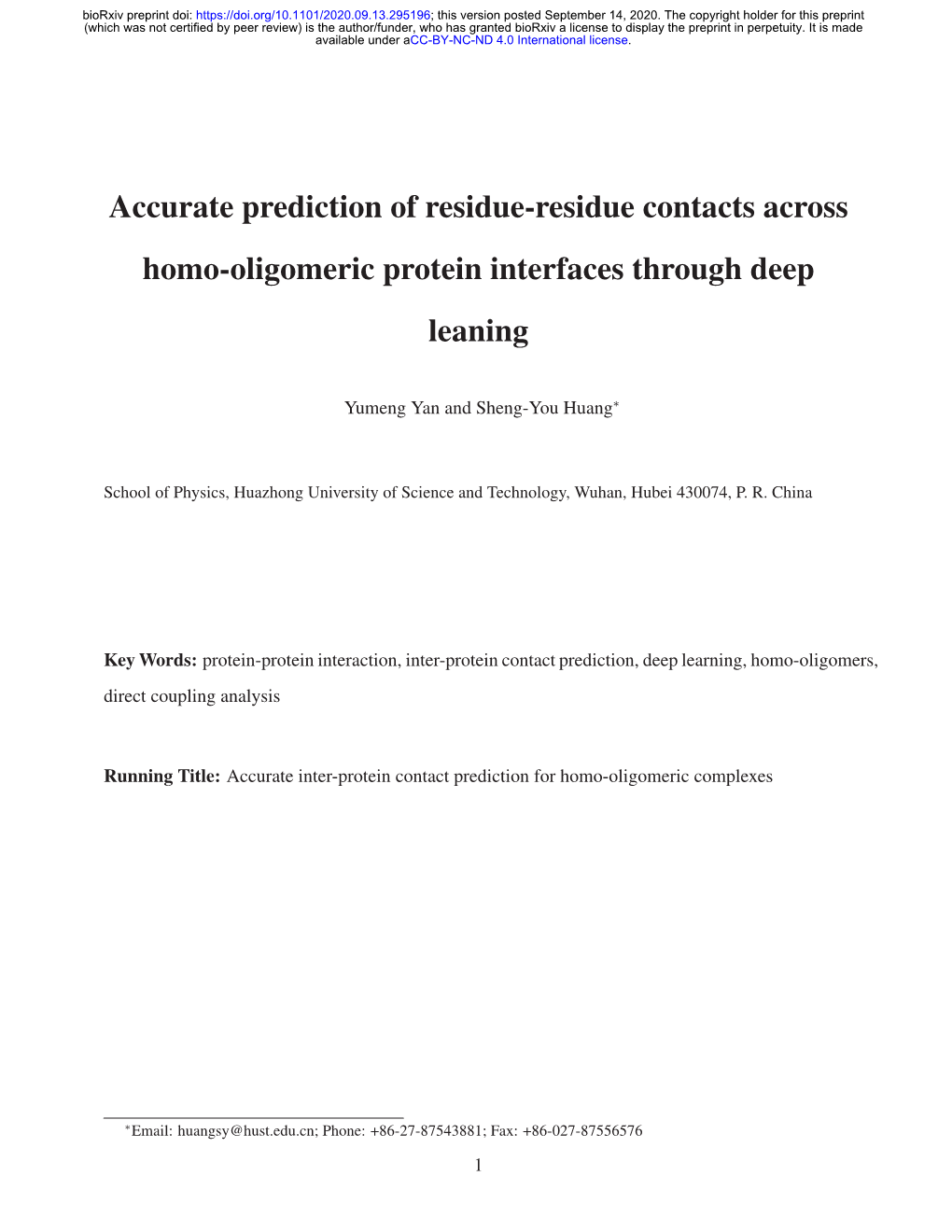 Accurate Prediction of Residue-Residue Contacts Across Homo-Oligomeric Protein Interfaces Through Deep Leaning