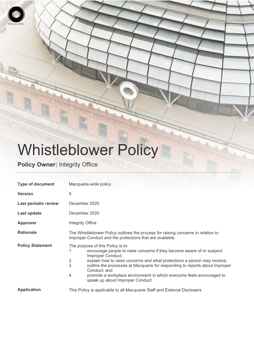 Whistleblower Policy Policy Owner: Integrity Office