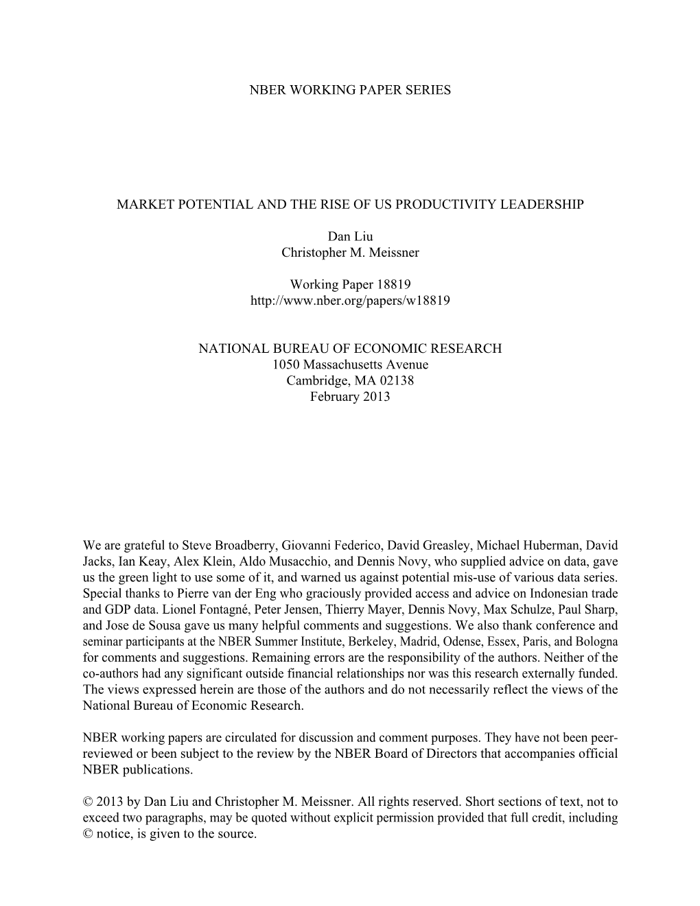 Market Potential and the Rise of Us Productivity Leadership