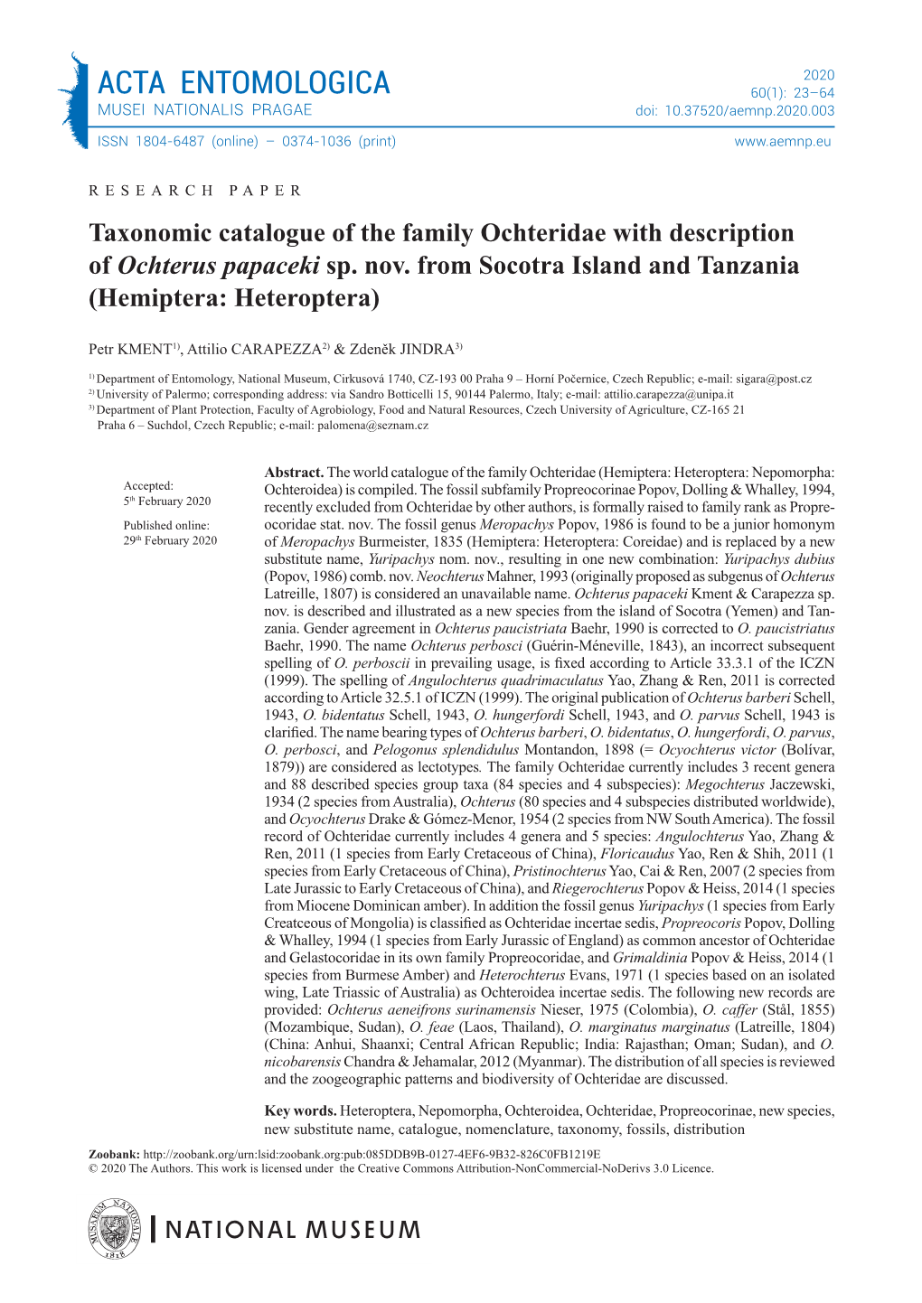 ACTA ENTOMOLOGICA 60(1): 23–64 MUSEI NATIONALIS PRAGAE Doi: 10.37520/Aemnp.2020.003