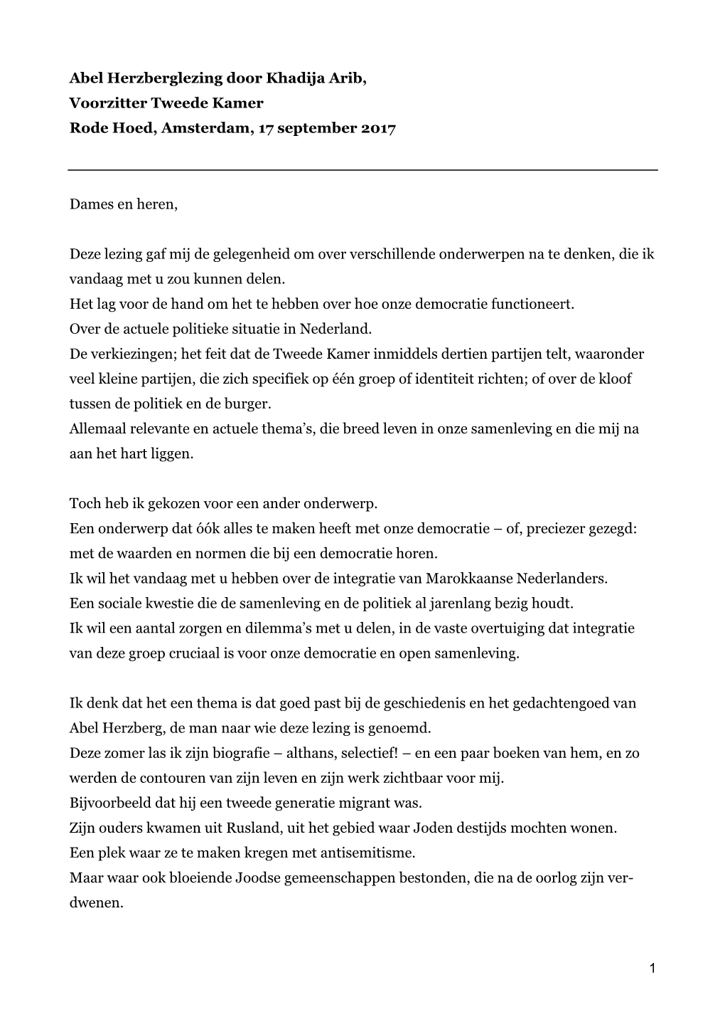 Abel Herzberglezing Door Khadija Arib, Voorzitter Tweede Kamer Rode Hoed, Amsterdam, 17 September 2017