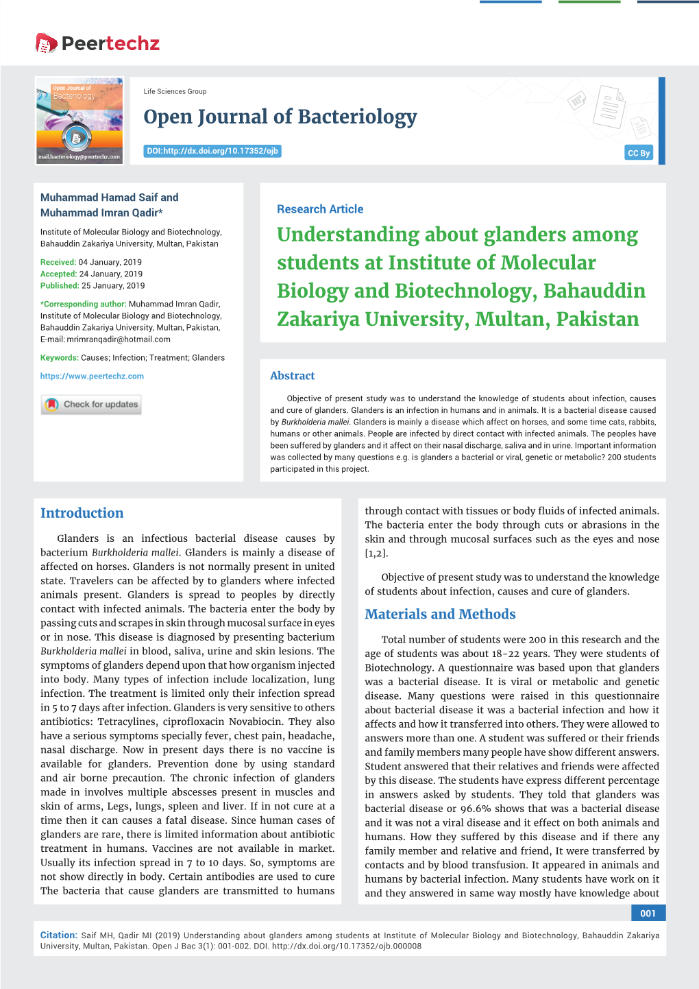 Understanding About Glanders Among Students at Institute of Molecular Biology and Biotechnology, Bahauddin Zakariya University, Multan, Pakistan