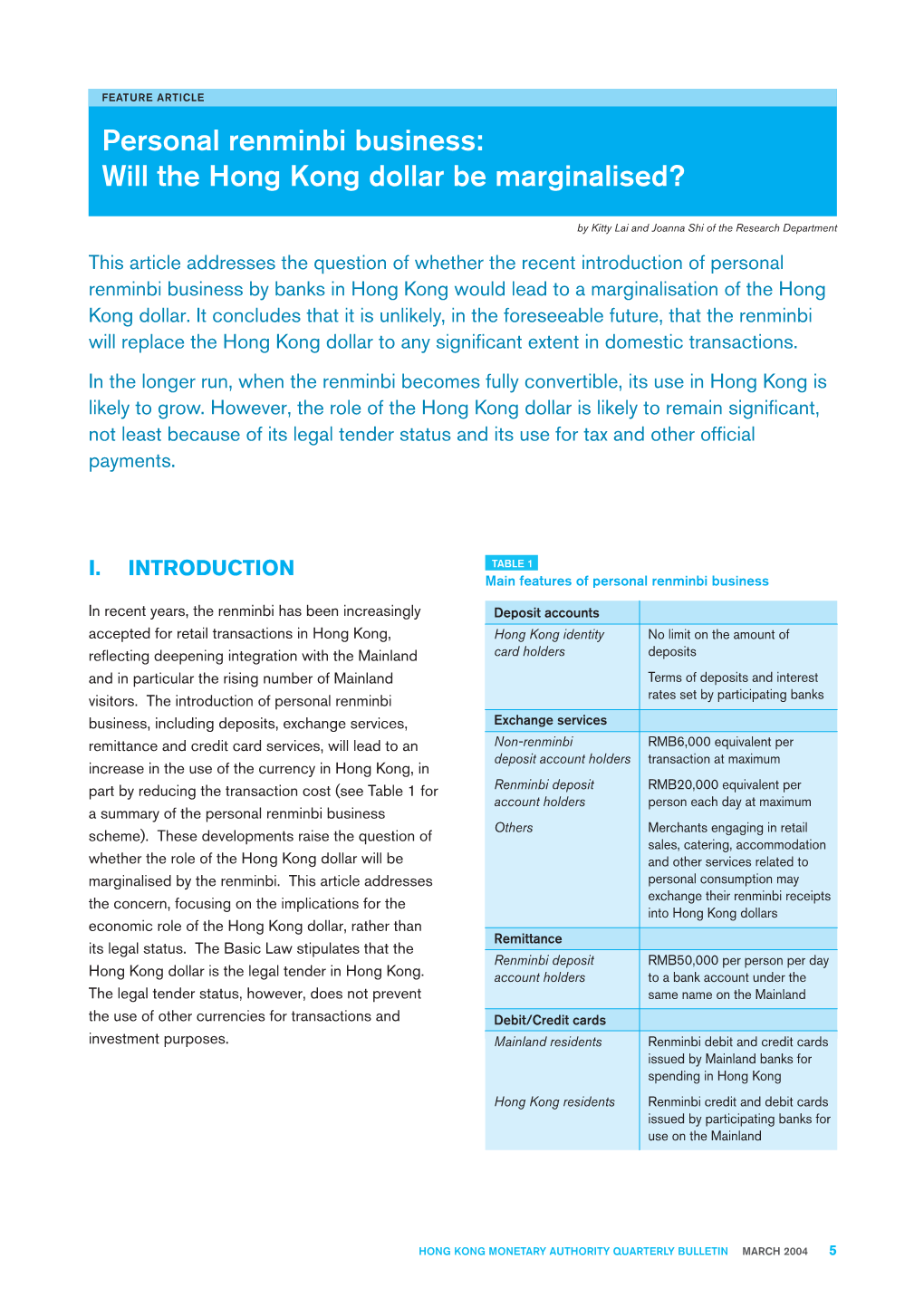 Personal Renminbi Business: Will the Hong Kong Dollar Be Marginalised?