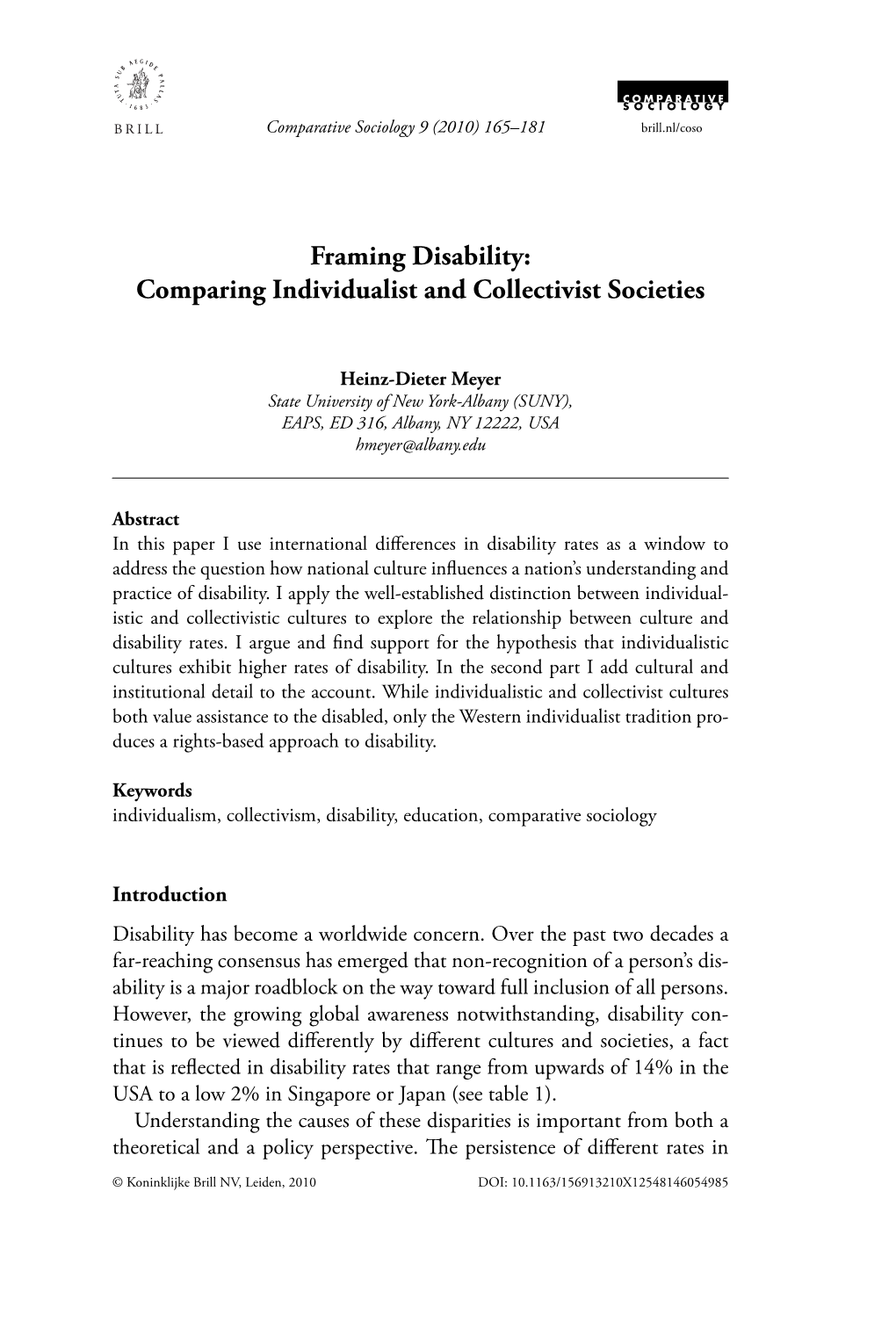 Framing Disability: Comparing Individualist and Collectivist Societies