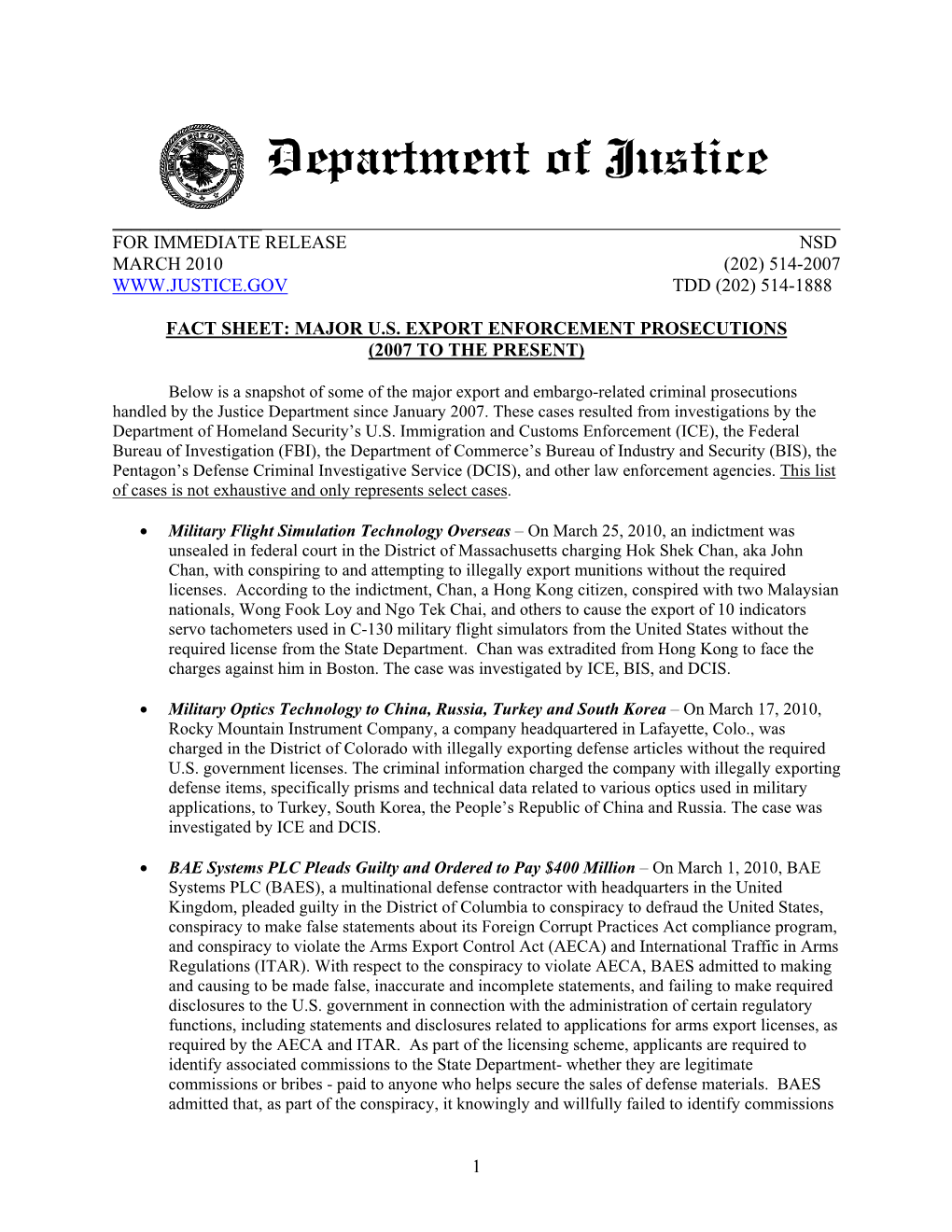 Fact Sheet: Major U.S. Export Enforcement Prosecutions (2007 to the Present)