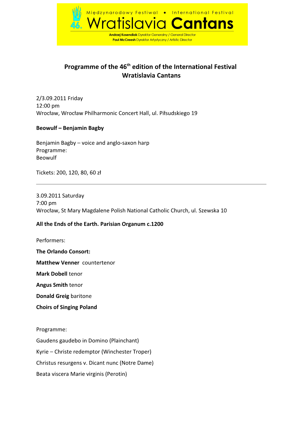 Programme of the 46Th Edition of the International Festival