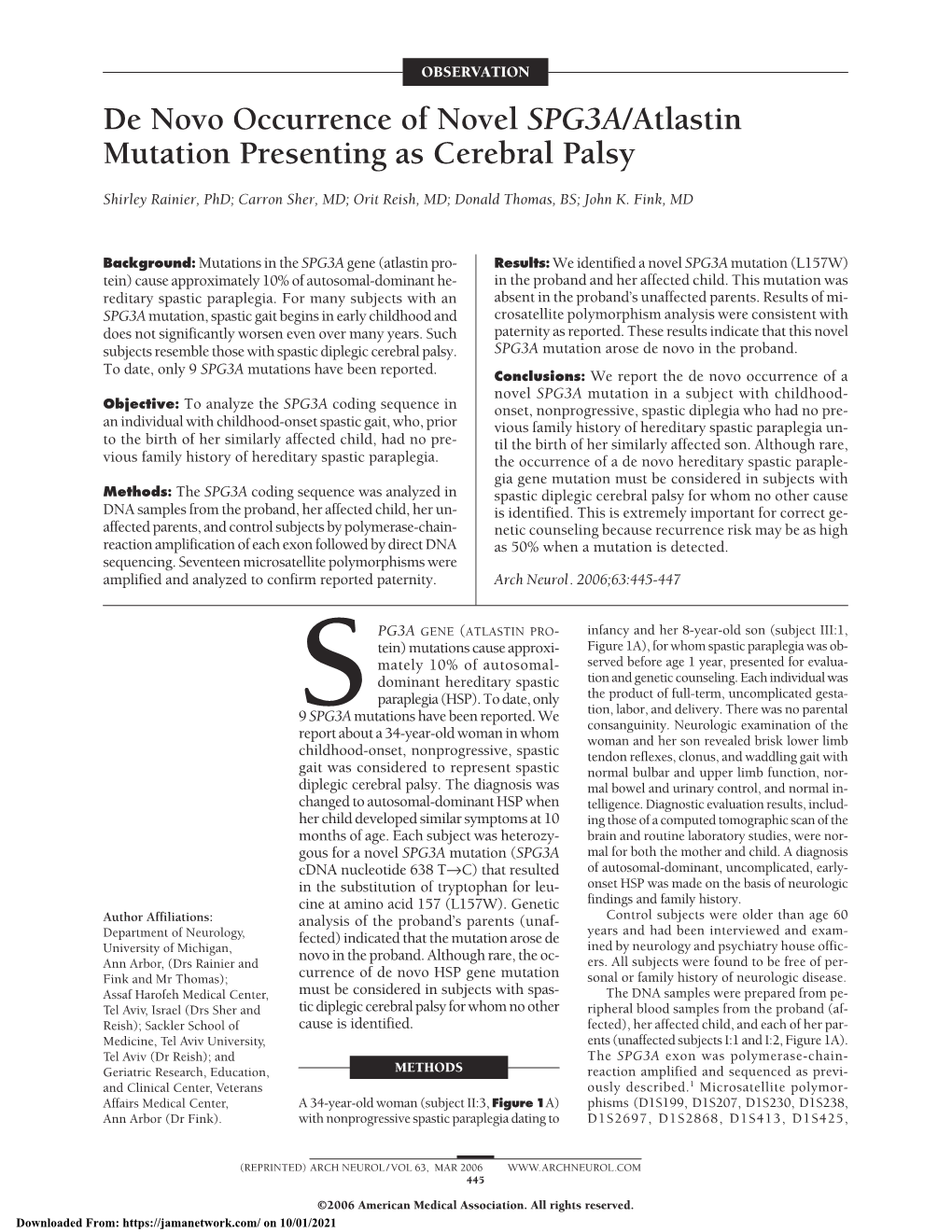 De Novo Occurrence of Novel SPG3A/Atlastin Mutation Presenting As Cerebral Palsy
