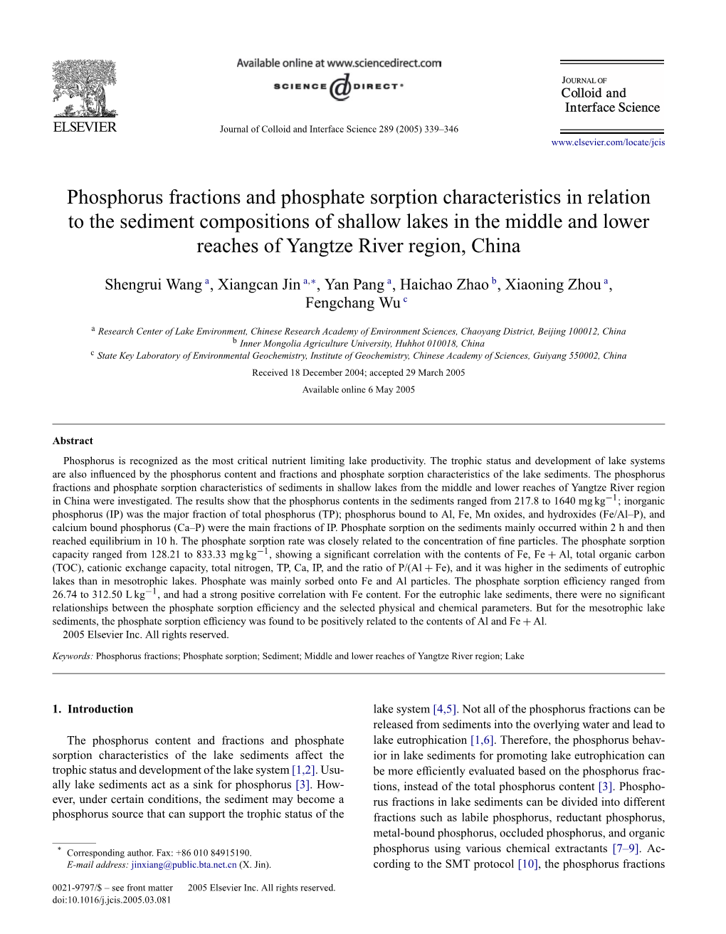 Phosphorus Fractions and Phosphate Sorption Characteristics in Relation To