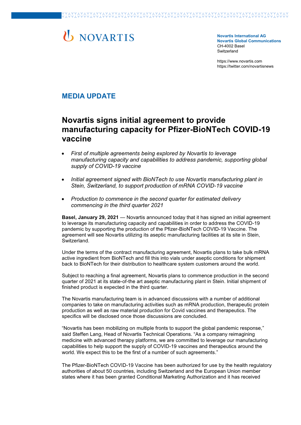 Novartis Signs Initial Agreement to Provide Manufacturing Capacity for Pfizer-Biontech COVID-19 Vaccine