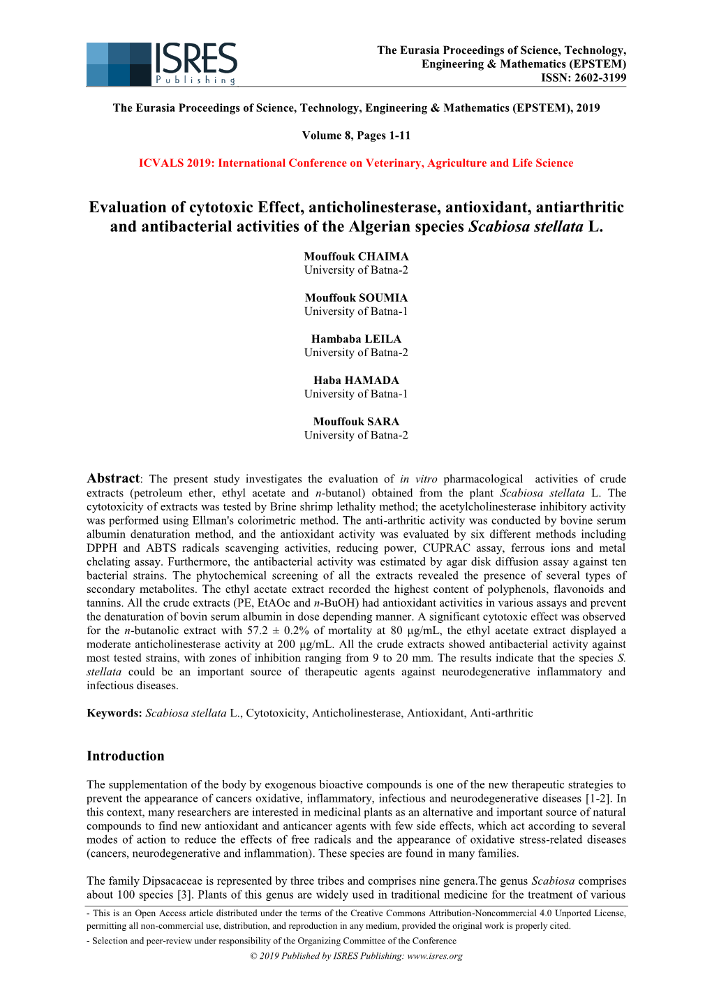 Evaluation of Cytotoxic Effect, Anticholinesterase, Antioxidant, Antiarthritic and Antibacterial Activities of the Algerian Species Scabiosa Stellata L