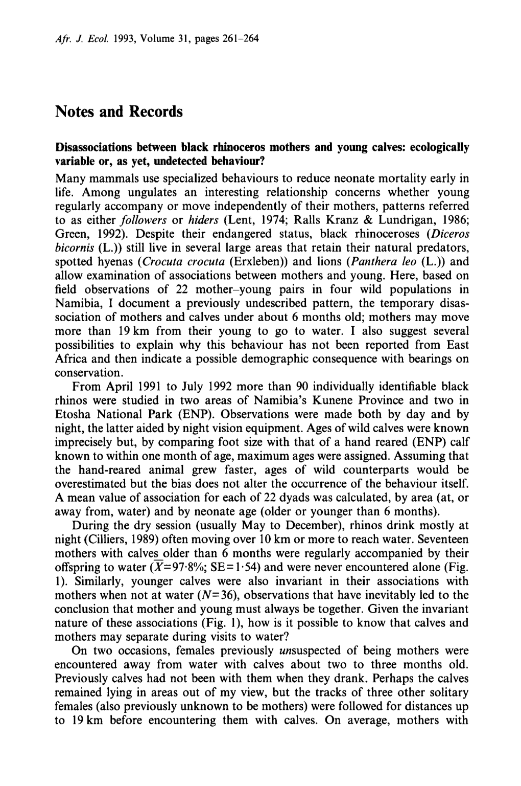 Disassociations Between Black Rhinoceros Mothers and Young Calves