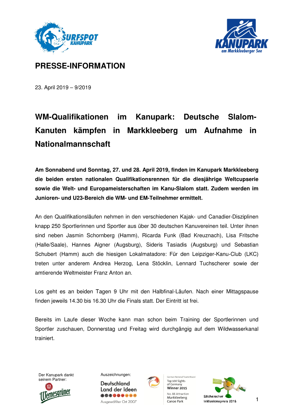 PRESSE-INFORMATION WM-Qualifikationen Im Kanupark