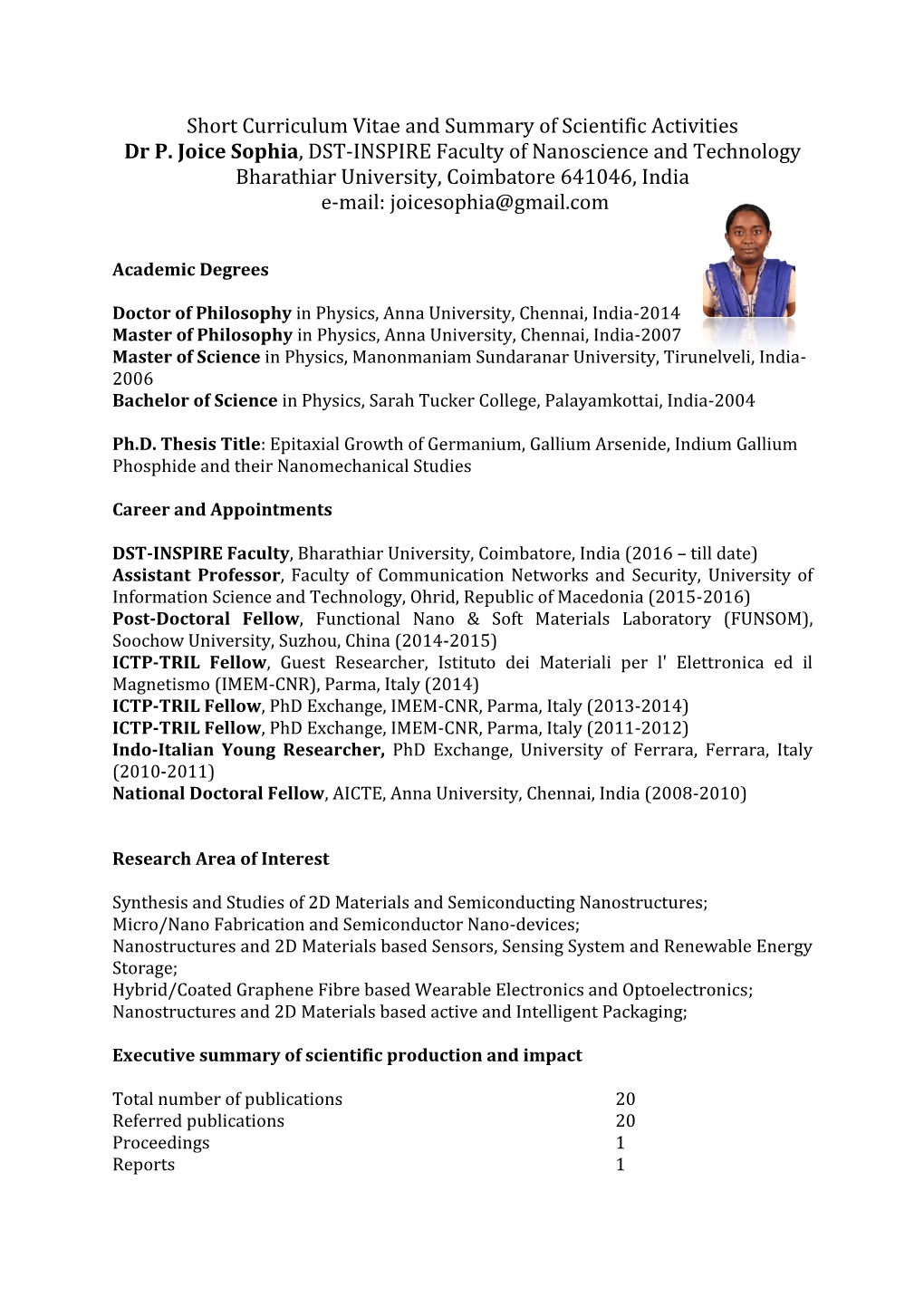 Short Curriculum Vitae and Summary of Scientific Activities Dr P. Joice