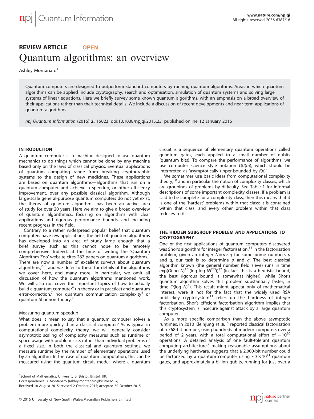 Quantum Algorithms: an Overview