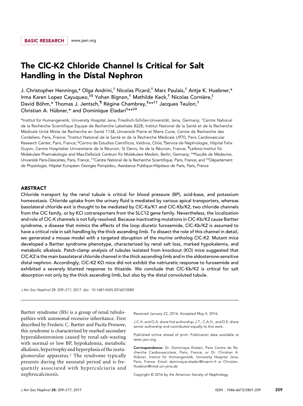 The Clc-K2 Chloride Channel Is Critical for Salt Handling in the Distal Nephron