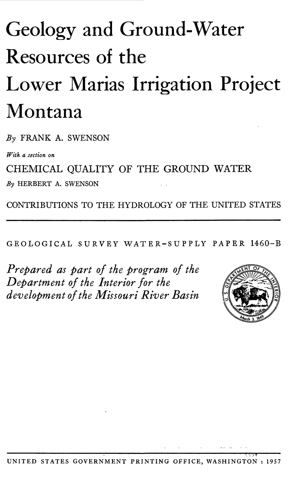 Geology and Ground-Water Resources of the Lower Marias Irrigation Project Montana