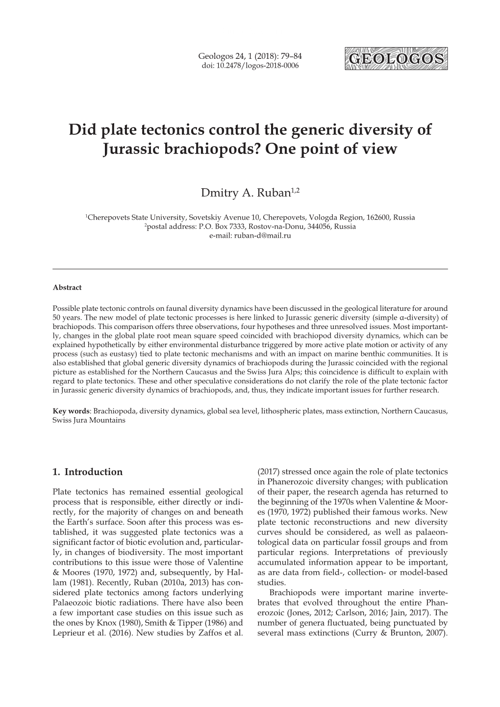 Did Plate Tectonics Control the Generic Diversity of Jurassic Brachiopods? One Point of View