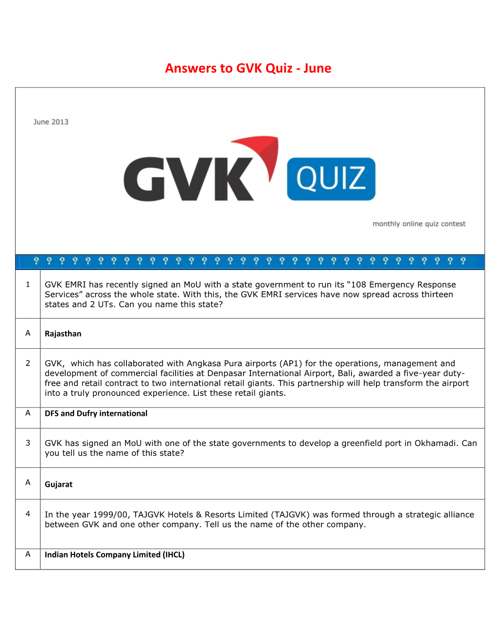 Answers to GVK Quiz - June
