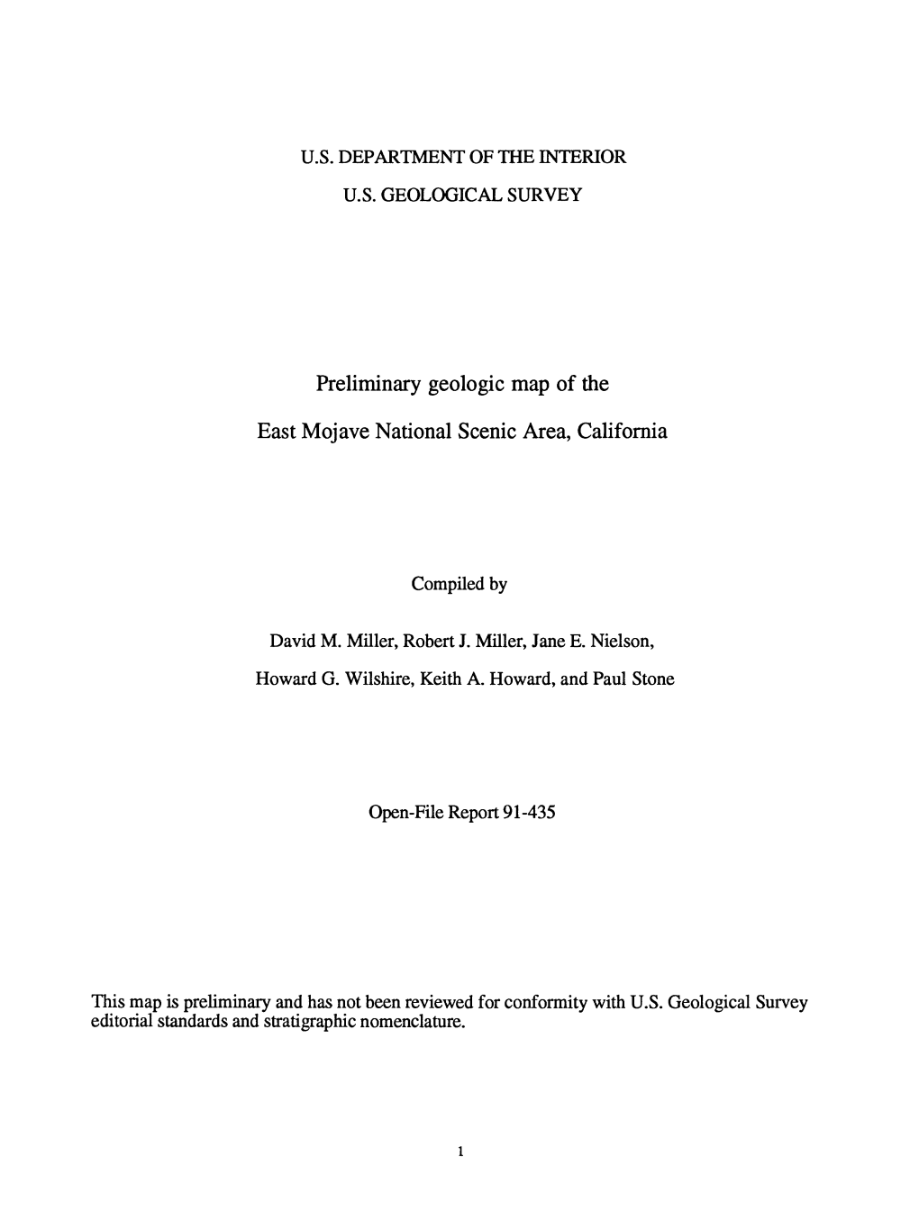 Preliminary Geologic Map of the East Mojave National Scenic Area, California