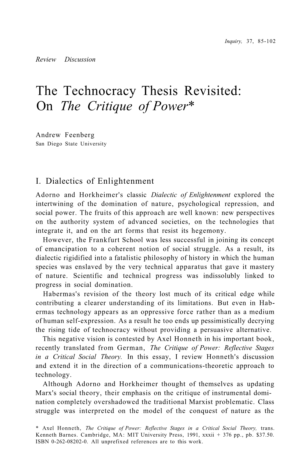 The Technocracy Thesis Revisited: on the Critique of Power*