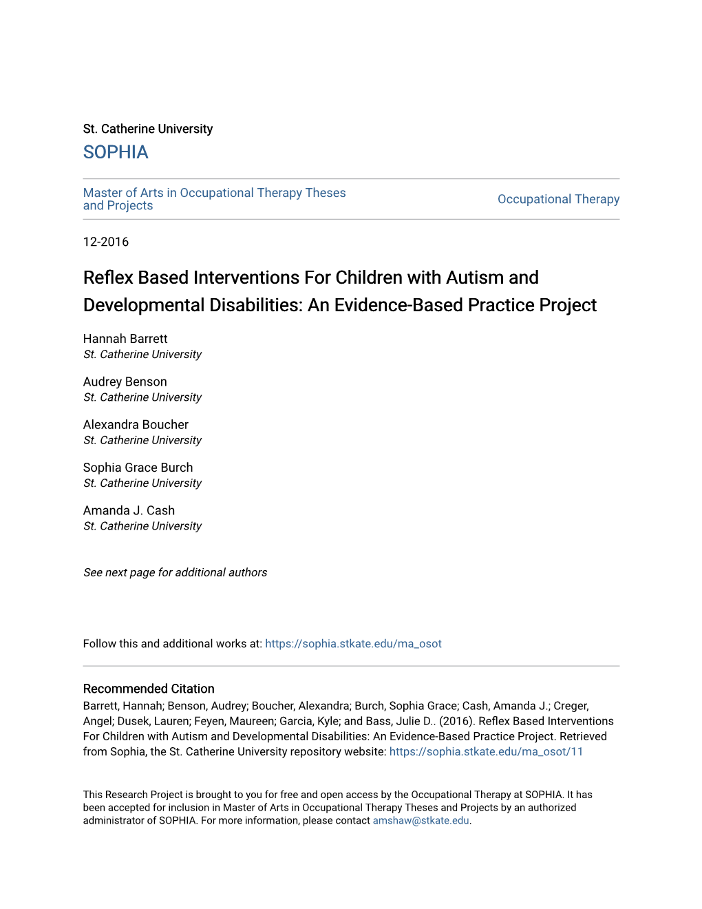 Reflex Based Interventions for Children with Autism and Developmental Disabilities: an Evidence-Based Practice Project