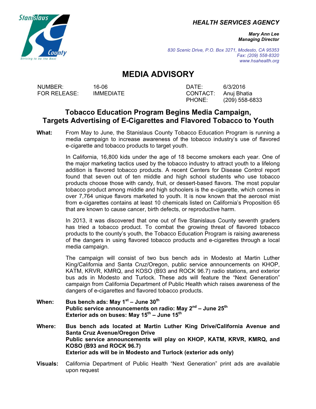 Tobacco Education Program Begins Media Campaign, Targets Advertising of E-Cigarettes and Flavored Tobacco to Youth