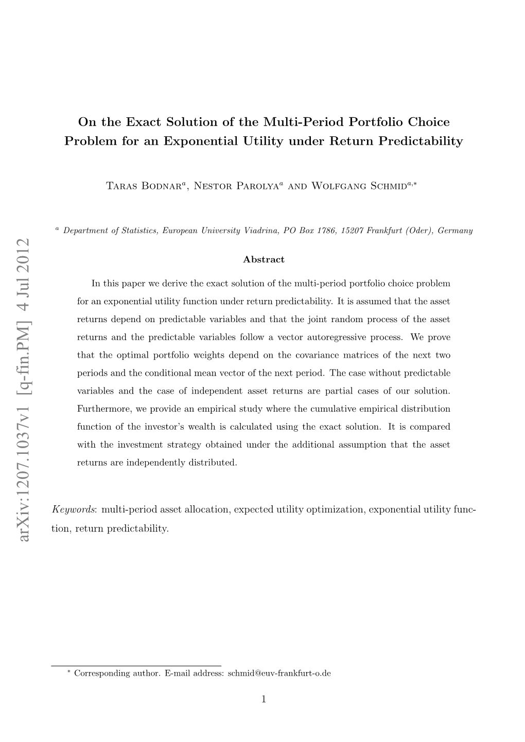 On the Exact Solution of the Multi-Period Portfolio Choice Problem for an Exponential Utility Under Return Predictability