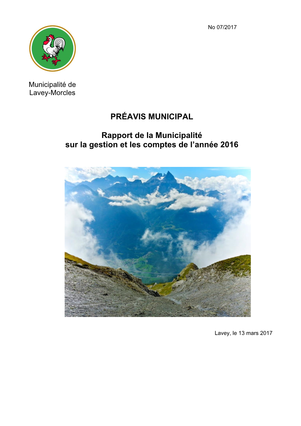 PRÉAVIS MUNICIPAL Rapport De La Municipalité Sur La Gestion Et Les Comptes De L'année 2016