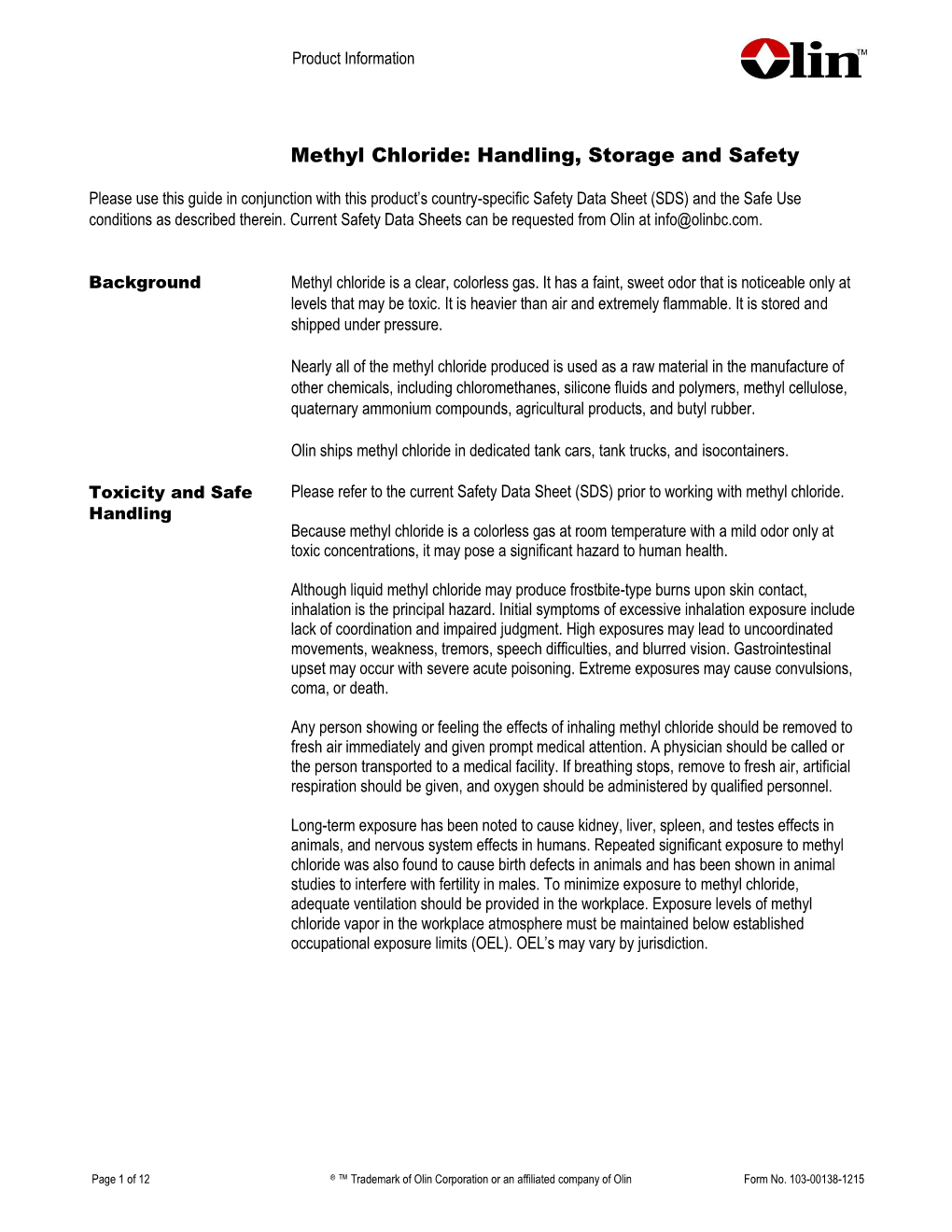 Methyl Chloride: Handling, Storage and Safety