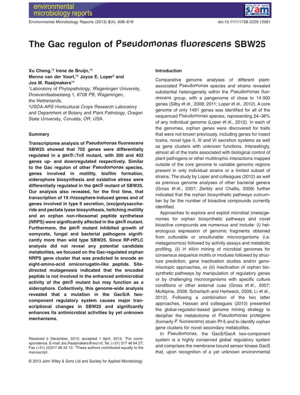 The Gac Regulon of Pseudomonas Fluorescenssbw25