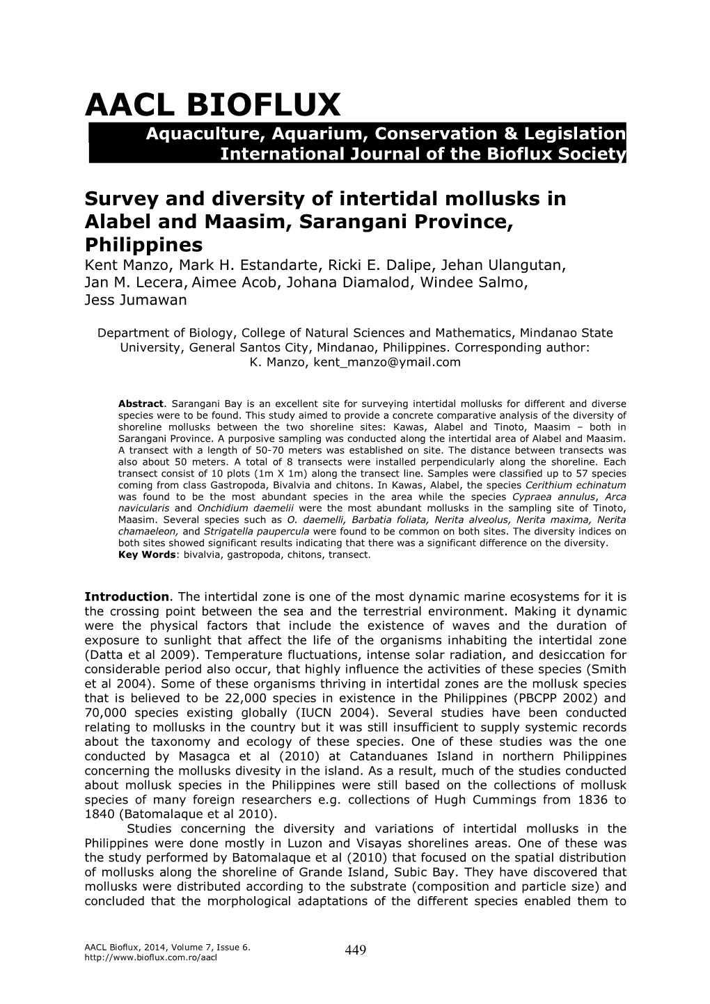 Survey and Diversity of Intertidal Mollusks in Alabel and Maasim, Sarangani Province, Philippines Kent Manzo, Mark H