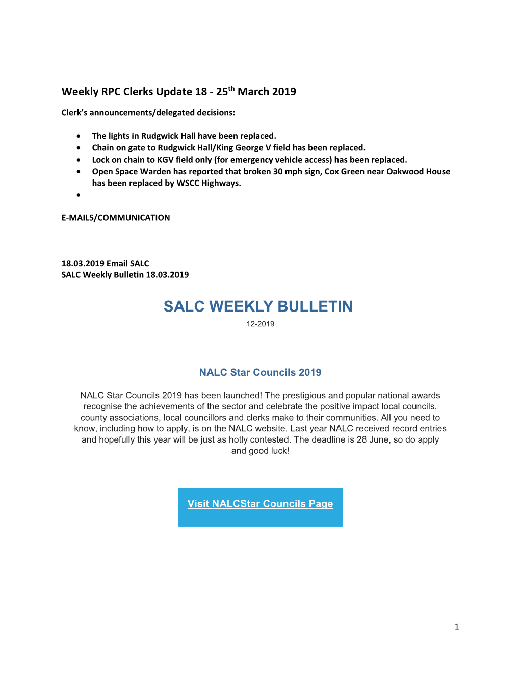 SALC Weekly Bulletin 18.03.2019