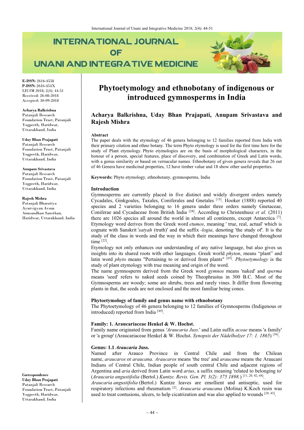 Phytoetymology and Ethnobotany of Indigenous Or Introduced