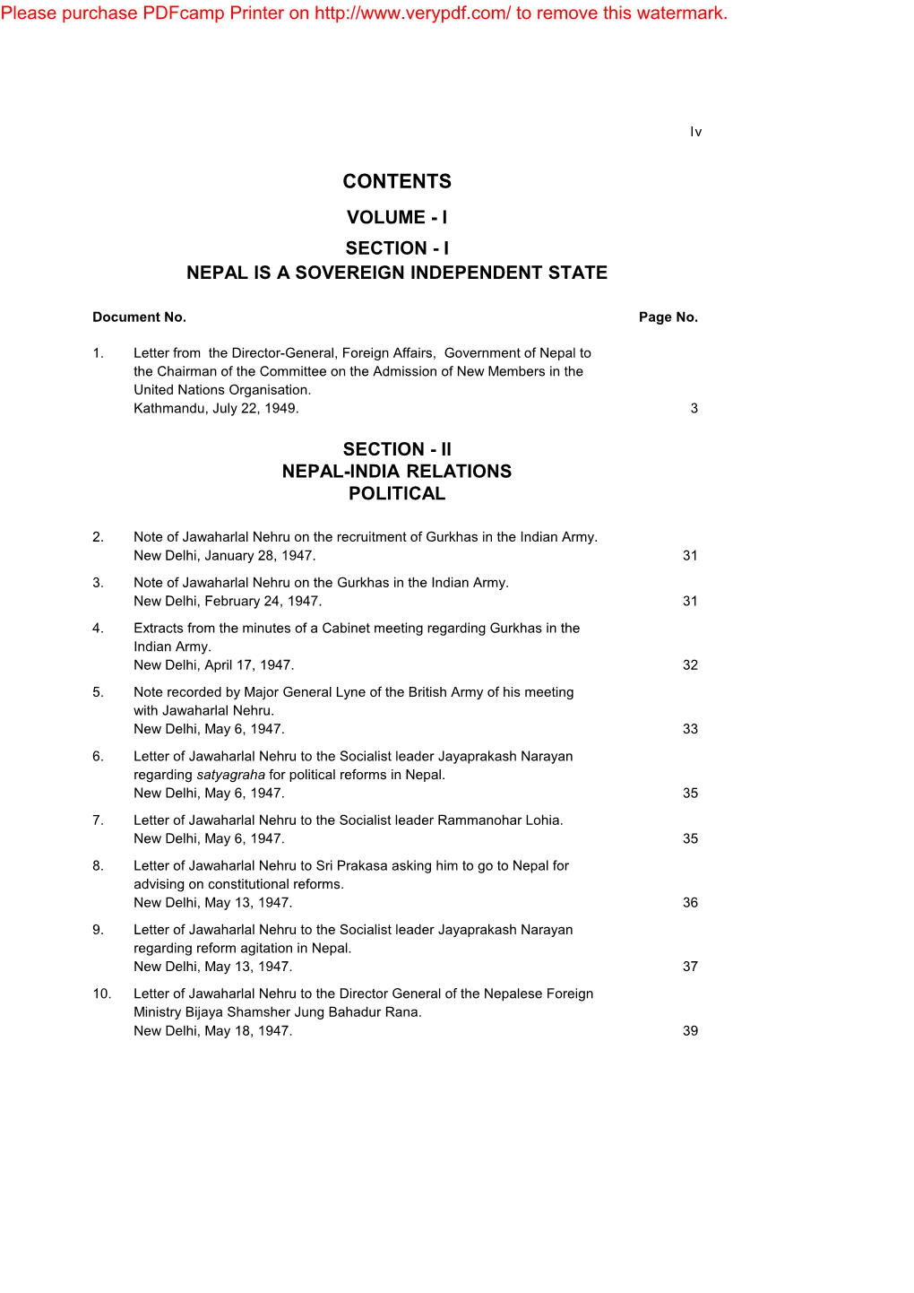 Contents Volume - I Section - I Nepal Is a Sovereign Independent State