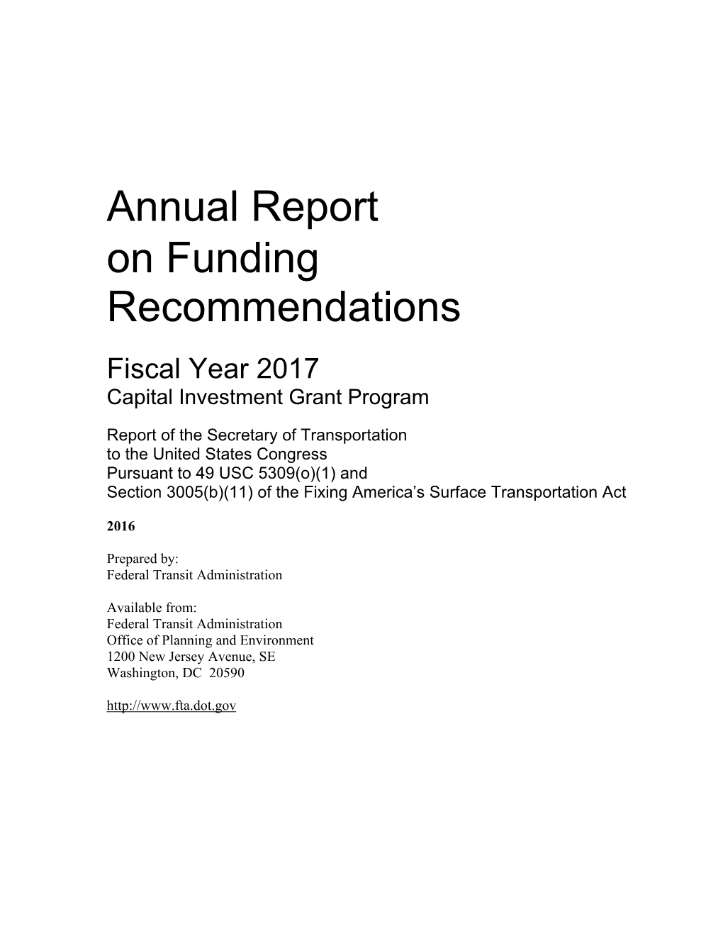 Annual Report on Funding Recommendations Fiscal Year 2017