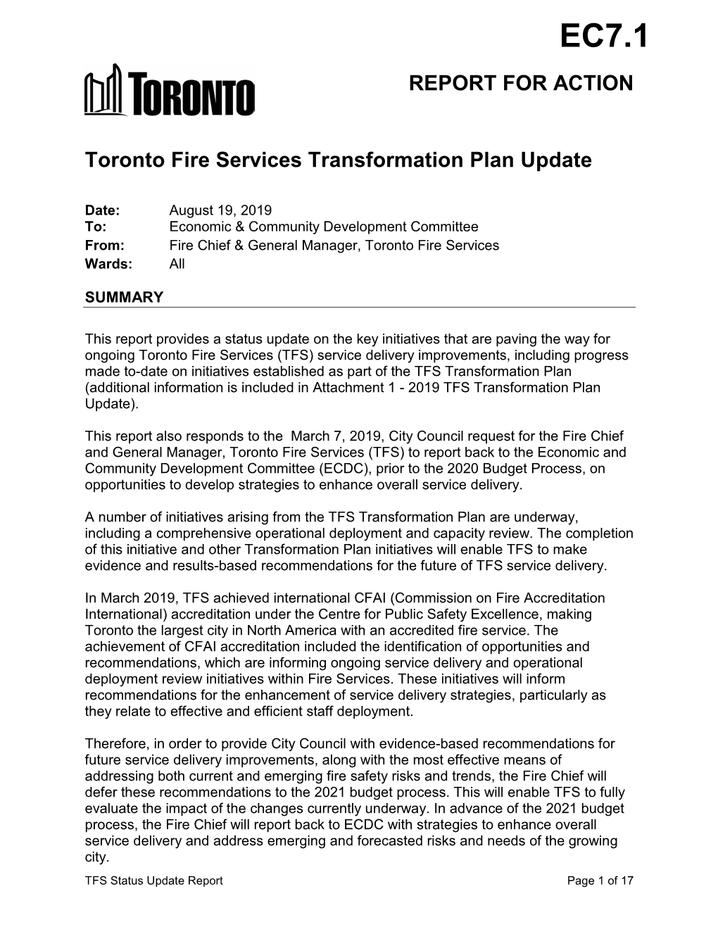 REPORT for ACTION Toronto Fire Services Transformation Plan Update