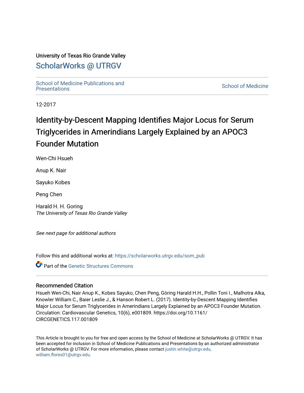 Identity-By-Descent Mapping Identifies Major Locus for Serum Triglycerides in Amerindians Largely Explained by an APOC3 Founder Mutation