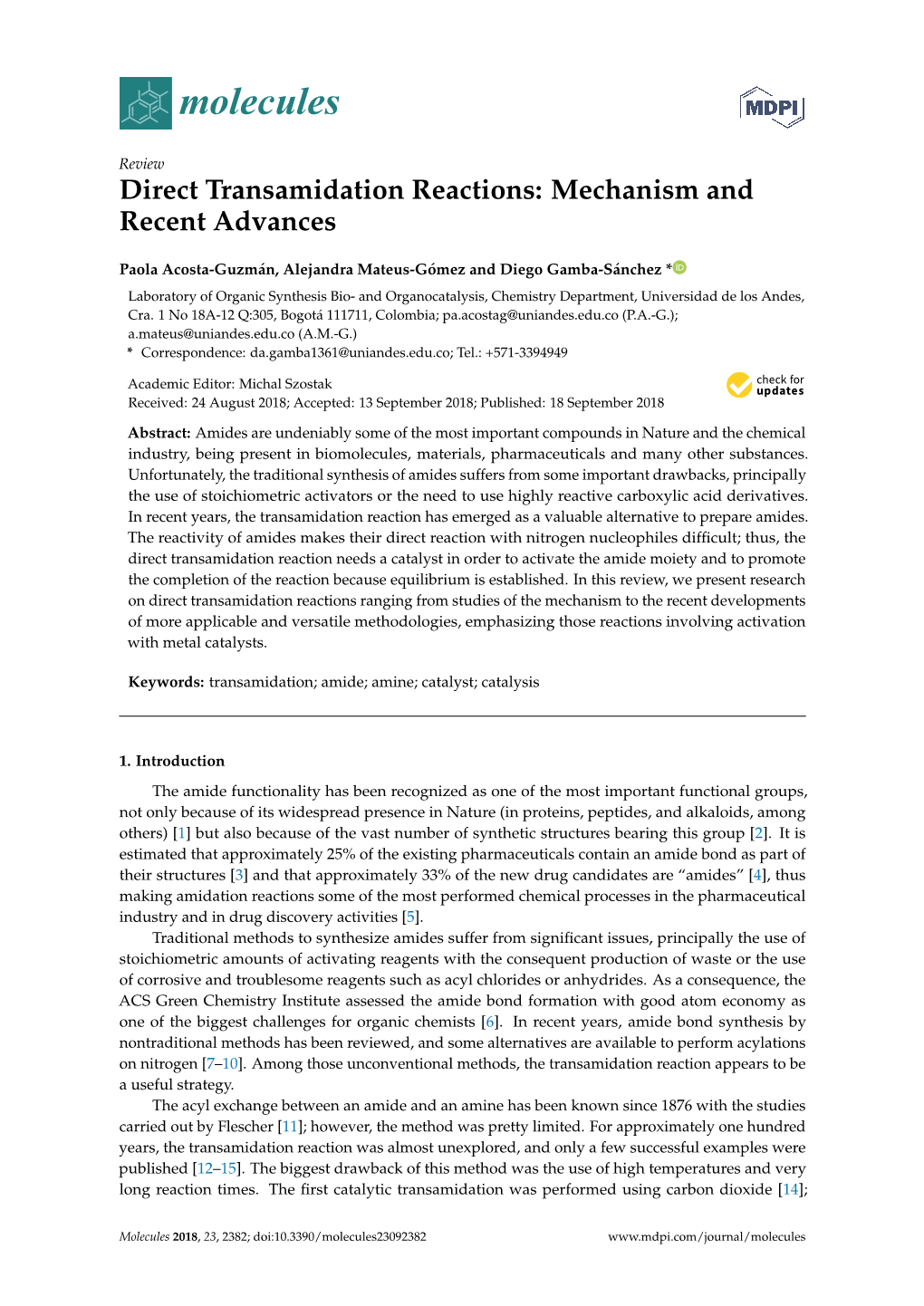 Direct Transamidation Reactions: Mechanism and Recent Advances