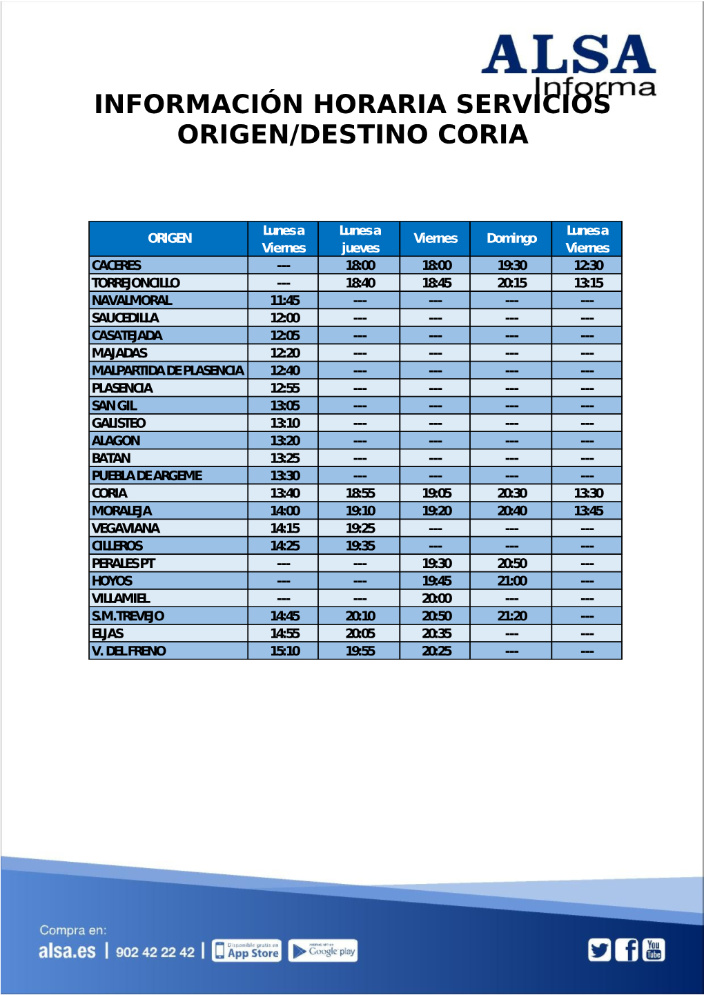 Información Horario De Servicios De ALSA Con Origen-Destino CORIA