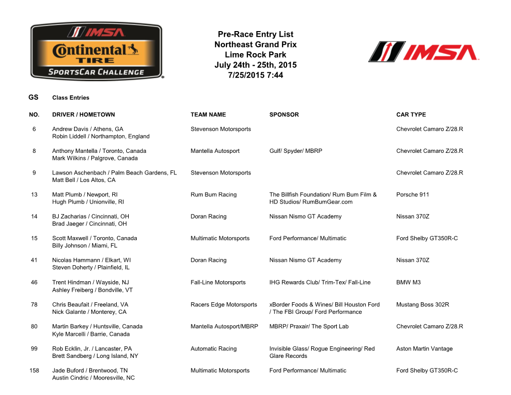 25Th, 2015 Pre-Race Entry List Northeast Grand Prix Lime Rock