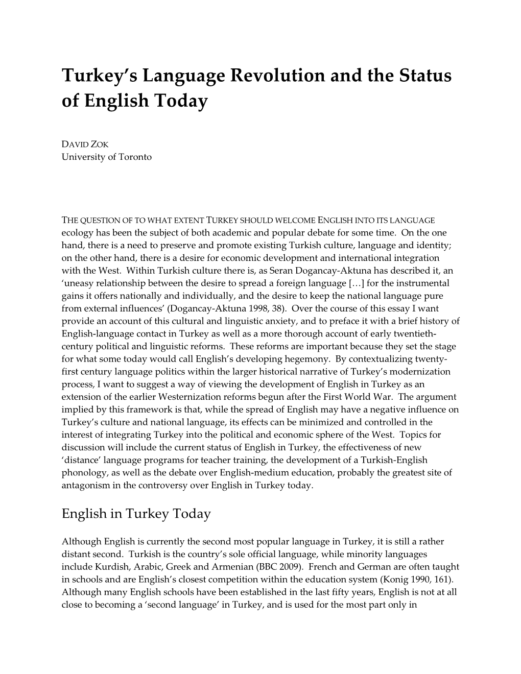 Turkey's Language Revolution and the Status of English Today