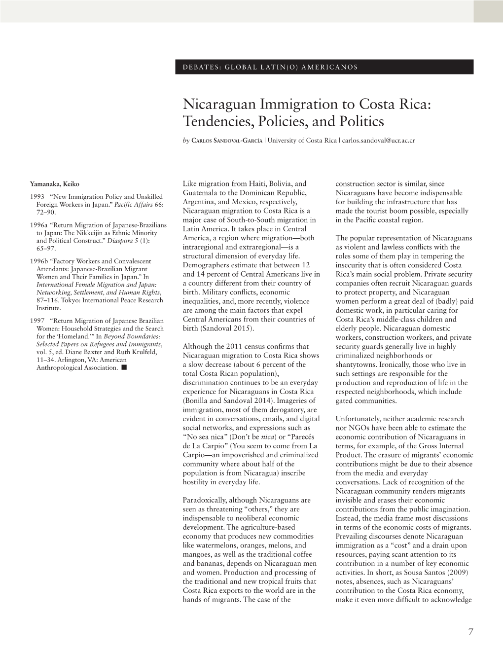 Nicaraguan Immigration to Costa Rica: Tendencies, Policies, and Politics