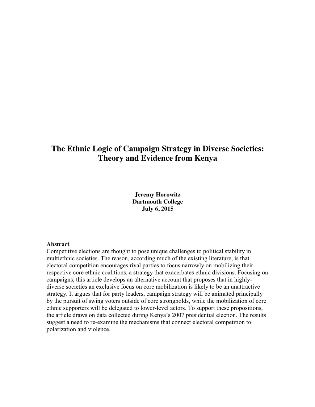 The Ethnic Logic of Campaign Strategy in Diverse Societies: Theory and Evidence from Kenya