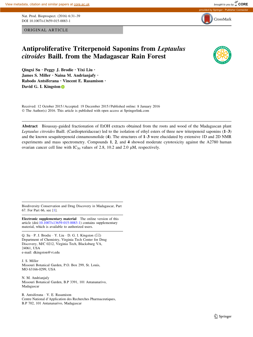 Antiproliferative Triterpenoid Saponins from Leptaulus Citroides Baill