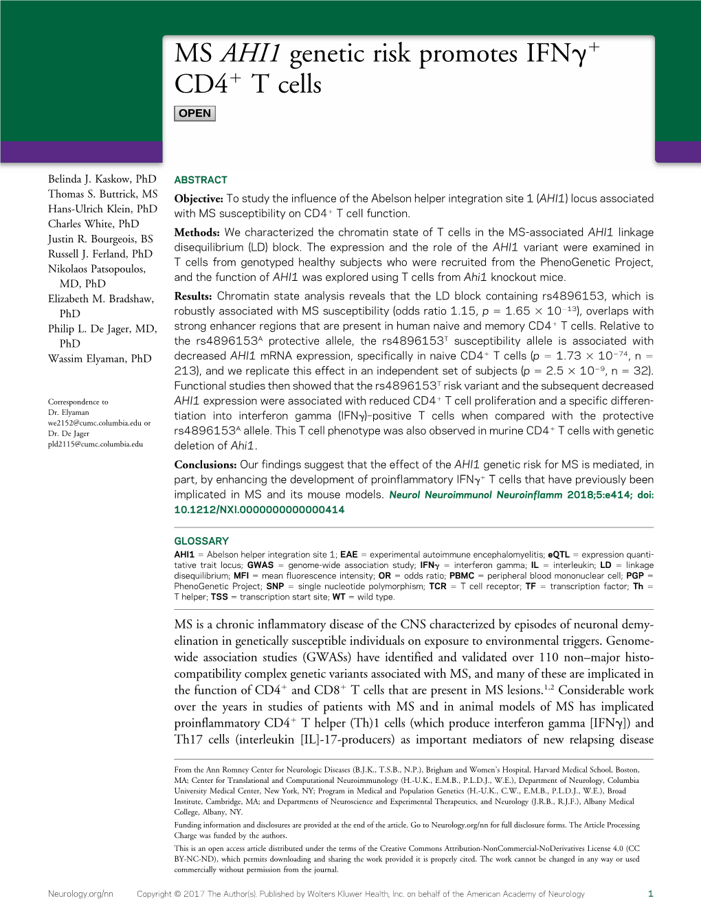 MS AHI1 Genetic Risk Promotes Ifnγ+ CD4+ T Cells Belinda J