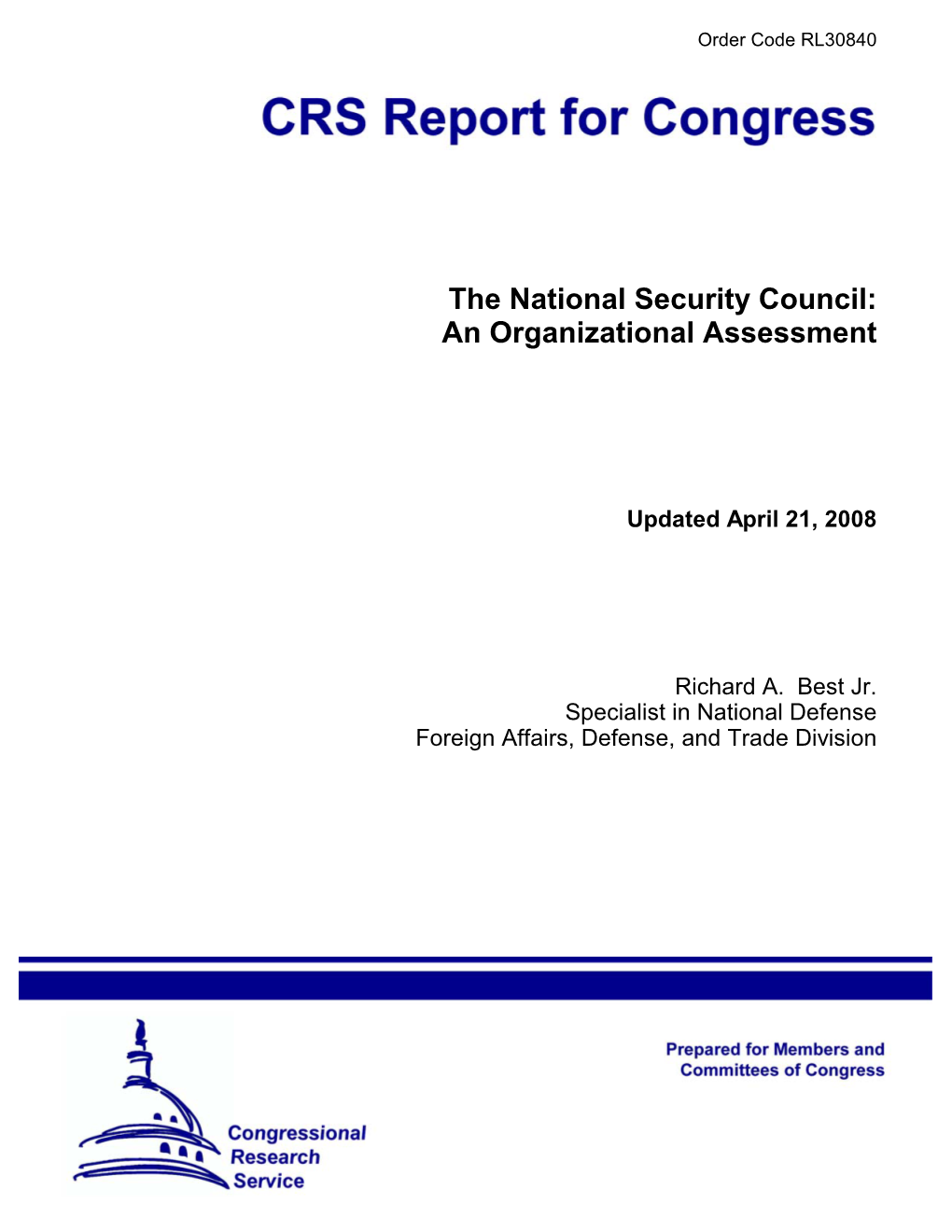 The National Security Council: an Organizational Assessment