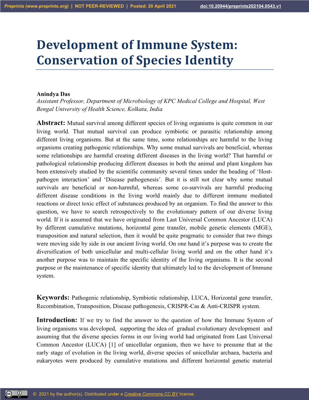 Development of Immune System: Conservation of Species Identity