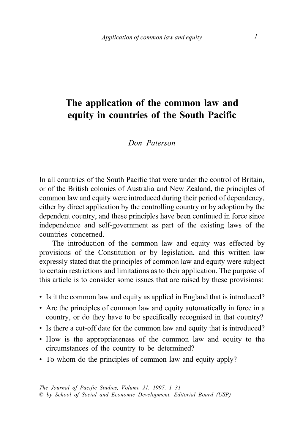 The Application of the Common Law and Equity in Countries of the South Pacific