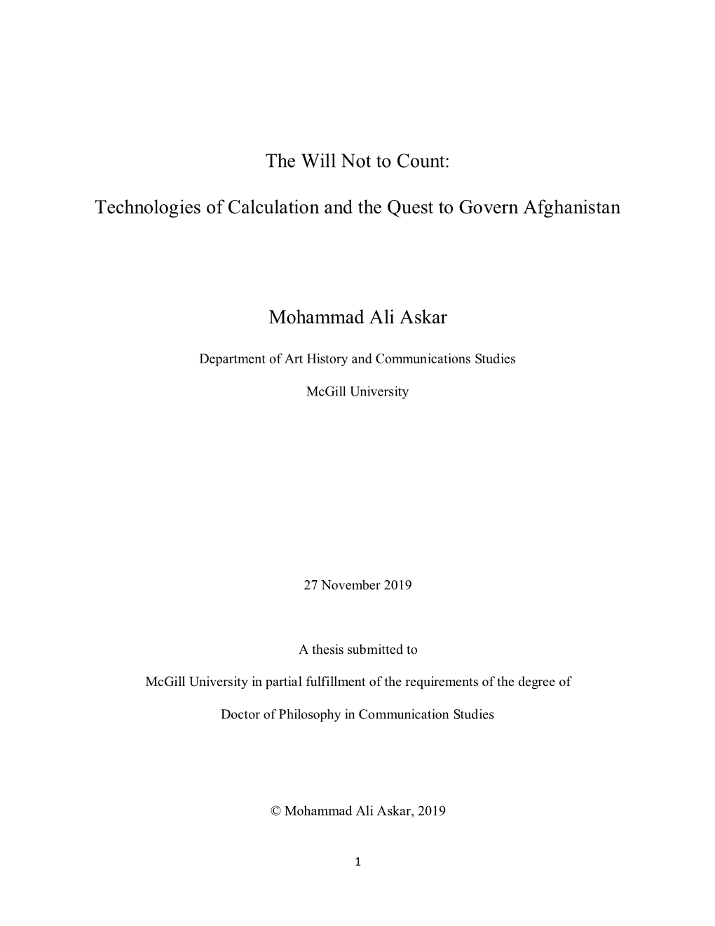 Technologies of Calculation and the Quest to Govern Afghanistan