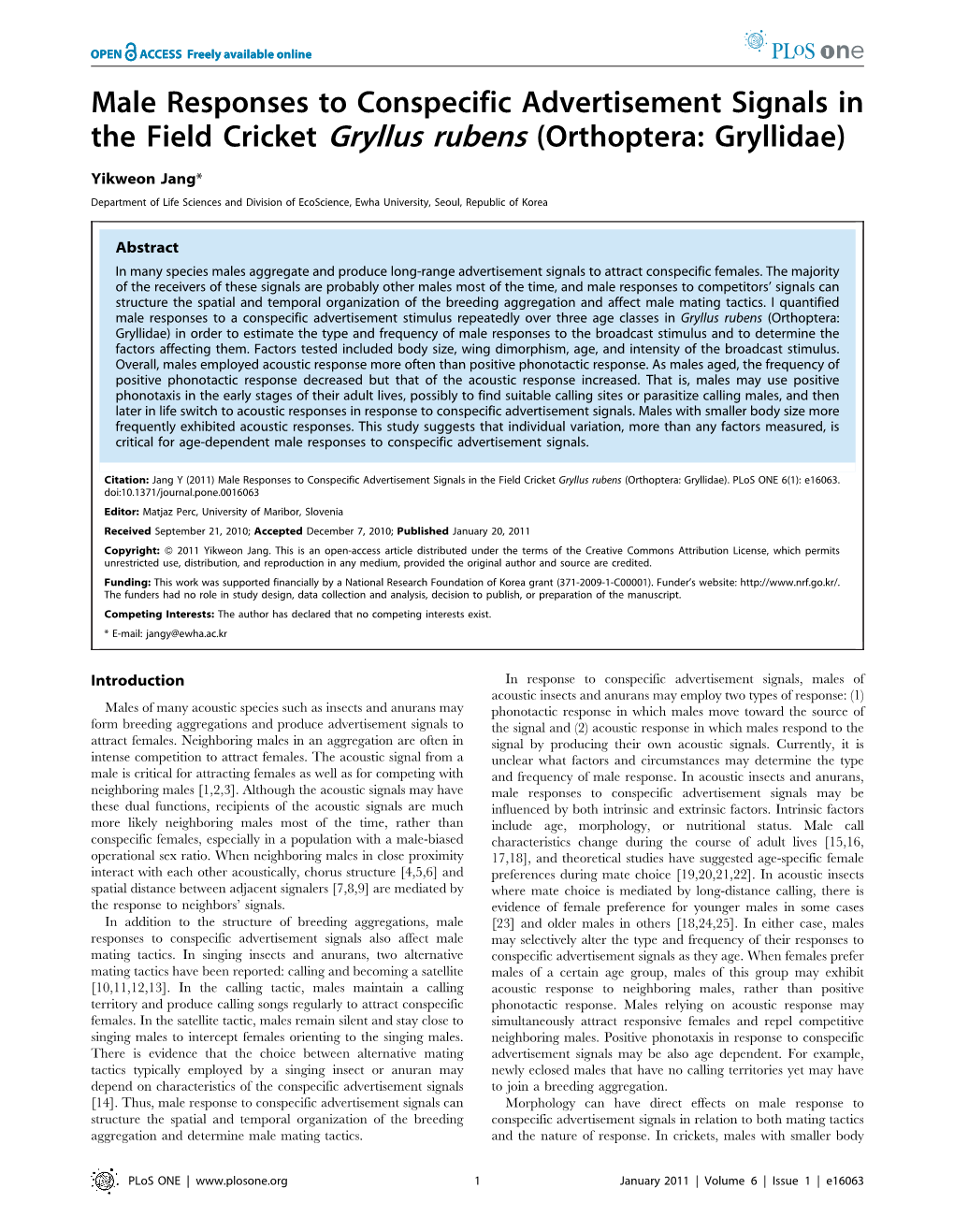 Male Responses to Conspecific Advertisement Signals in the Field Cricket Gryllus Rubens (Orthoptera: Gryllidae)